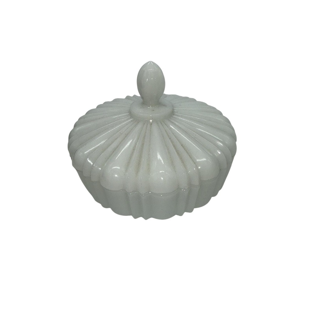 Vintage Anchor Hocking Candy Dish Milk Glass Powder vanity Covered White 1940s